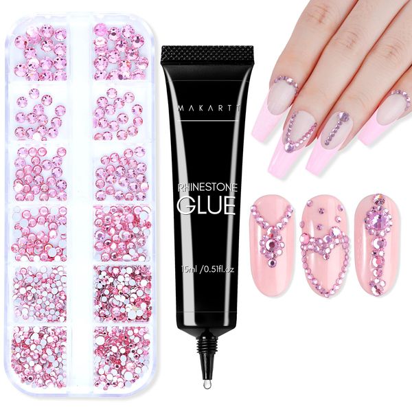 Makartt Nail Rhinestone Glue Gel Kit, 15g Super Adhesive Nail Gel with Nail Crystal Rhinestone, Nail Glue Gel for Rhinestones Crystal Stones Jewels