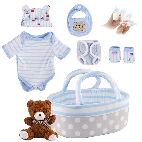 JIZHI 8 Pcs Reborn Baby Doll Clothes with Bassinet for 10-12 Inch Babydolls, Baby Dolls Clothes and Doll Accessories Set with Bear Toy fits Realistic Baby Doll Boy, Blue