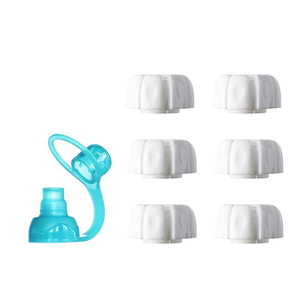 ChooMee Replacement Caps for Reusable Food Pouches | Includes SoftSip Silicone Flow Control Pouch Top | 6 White Caps + 1 Aqua SoftSip