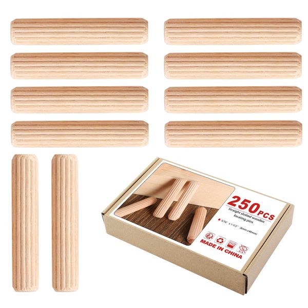 Faankiton 250 Pieces Wooden Dowel Pins 8x40mm, Straight Grooved Wooden Dowel with Bevelled End, Fluted Hardwood Wooden Dowel Pins, Fluted Wooden Dowel for Crafts, Furniture, etc.