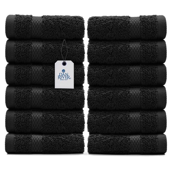 DAN RIVER 100% Cotton Face Towels 12 Pack - Premium Quality Washcloths Highly Absorbent Towels for Bathroom, Spa, Gym - Quick Dry Essential for Daily Use 12x12 in, 600 GSM – Black