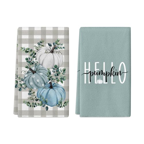 ANTPFAE Fall Hand Towels Set of 2, Hello Pumpkin Blue Eucalyptus Leaves Bath Hand Towels for Bathroom Decorative Autumn Soft Absorbent Face Towels for Bathroom Home Hotel Gym Spa Yoga Kitchen 18"x26"