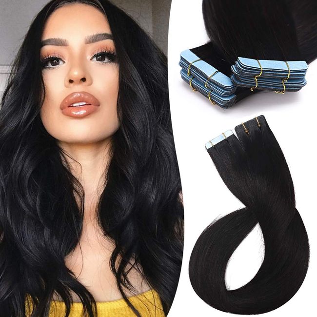 S-noilite Rooted Tape in Hair Extensions Human Hair Tape in Human Hair Seamless Skin Weft Invisible Double Sided Glue in hair for women Silky Straight 20Pcs 60g 22 Inch (#01 Jet Black)