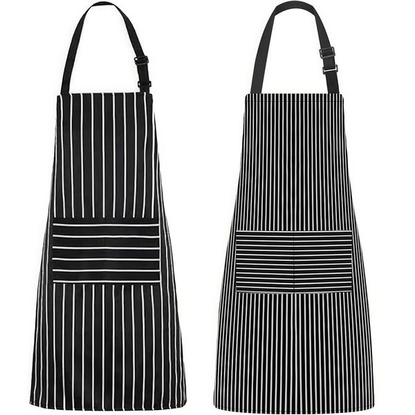 ZEACCT 2 Pieces Striped Cotton Apron, Apron, Adjustable Striped Aprons, Kitchen Apron, Cooking Aprons, for Women Men Home Kitchen Butchers BBQ Restaurant - Black