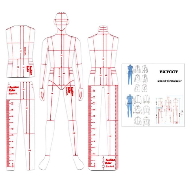 EXTCCT 男のファッションドローイング ファッションデザイン用モデルルーラー 3 種セット A4サイズ フレンチカーブルーラー 服飾・ファッション デザイン画 アイテム画 プロポーション テンプレート