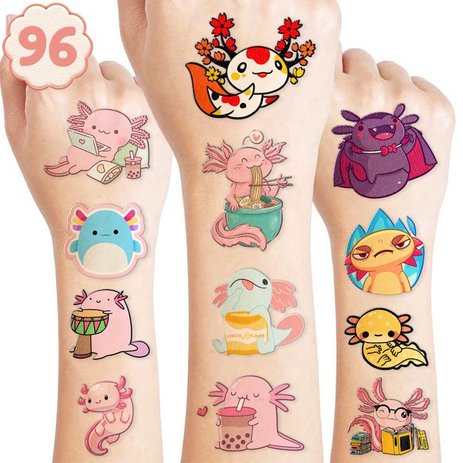 Axolotl Temporary Tattoos Stickers 96PCS Birthday Party Supplies Decorations Fake Tattoos Stickers Super Cute Party Favors for Kids Girls Boys Rewards Gifts Classroom School Prizes Themed