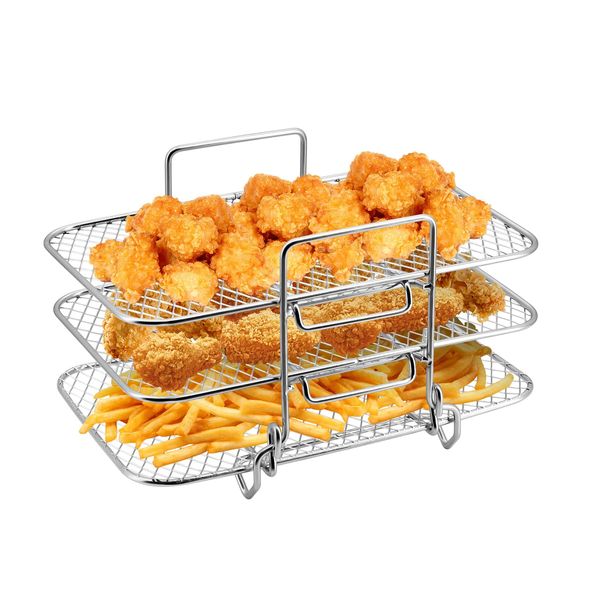 CheurYae Stackable Air Fryer Rack for Ninja Dual Air Fryers, 3-Layer Stainless Steel Dehydrator Racks Air Fryer Accessories Rack for Ninja Oven Microwave Baking Roasting