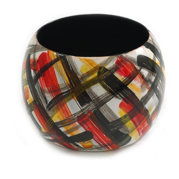 Avalaya Wide Chunky Wooden Bangle Bracelet with Checked Pattern in Black/Red/Yellow/White - Medium Size
