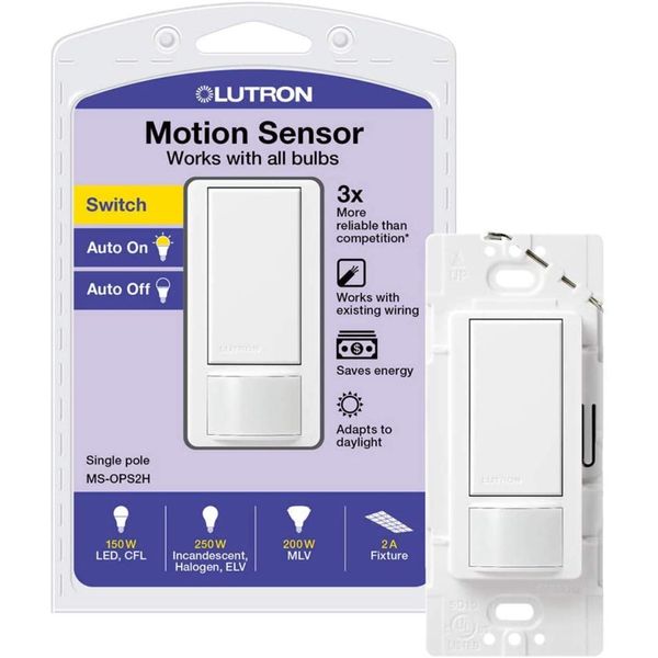 Lutron Maestro Motion Sensor Switch, Auto On and Off Motion Sensor, Works With Existing Wiring, 2 Amp, Single Pole, MS-OPS2-WH, White