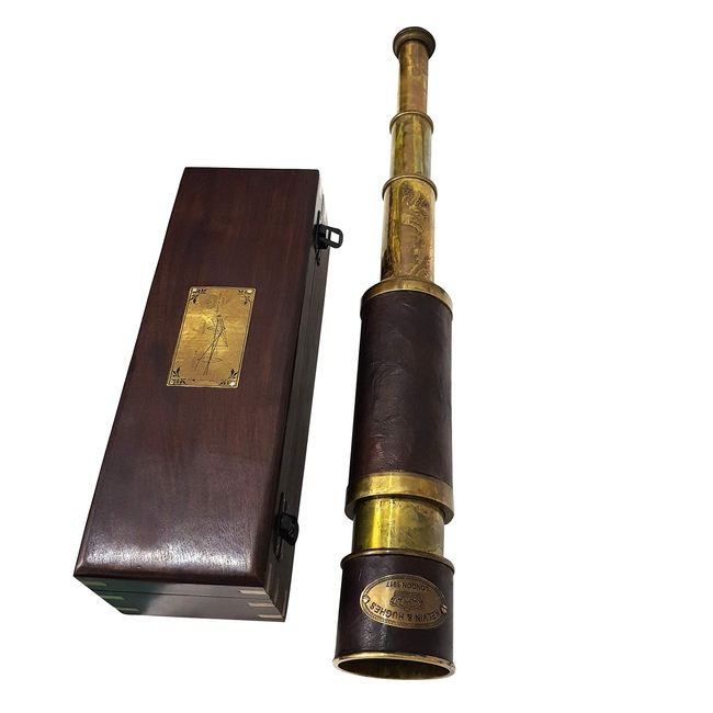 Antique Kelvin & Hughes London 1917 Brass and Leather Telescope Handheld Pirate Spyglass W/Wooden Box