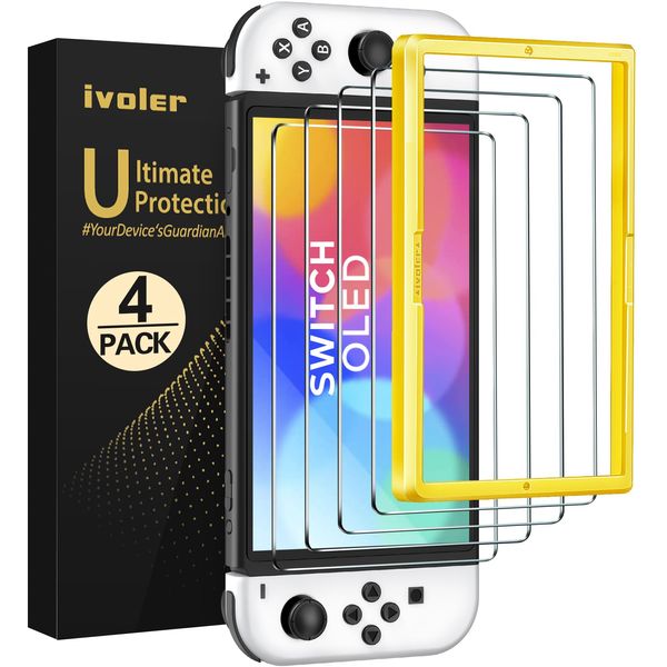 ivoler 4 Pack Screen Protector Compatible with Nintendo Switch OLED Model 7 '' 2021 with Alignment Frame Tool, Tempered Glass Protection Film - without air bubbles -Ultra Resistant Hardness 9H