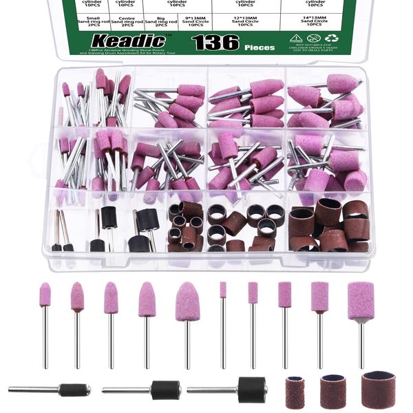 Keadic 136Pcs Polishing Grinding Wheels Set Contains Aluminum Oxide Sanding Drums Sleeves and Abrasive Sanding Drill Bit with 1/8" Shank, Rotary Tool Accessories Attachment for Metal Plastic Wood