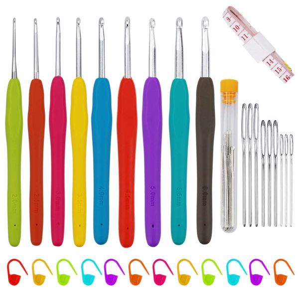 39 Pack Crochet Hooks Set, 9PCS Aluminum Knitting Needles Kit Ergonomic Soft Grip Handle for Arthritic Hands with Measuring Tape Stitch Markers and Sewing Needles