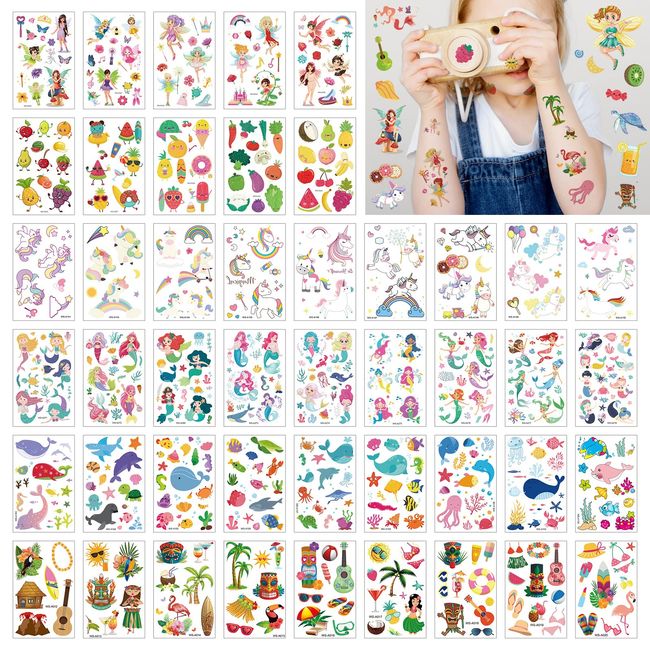 Tattoo Kinder, CAYUDEN 60 Blätter Kinder Tattoo Mädchen 6er Serie Klebetattoos Kinder Einhorn Tattoo Aufkleber Set Ozean Welt Kindertattoos Meerjungfrau Sticker Elf Fee Glitzer Tattoo Set Kinder