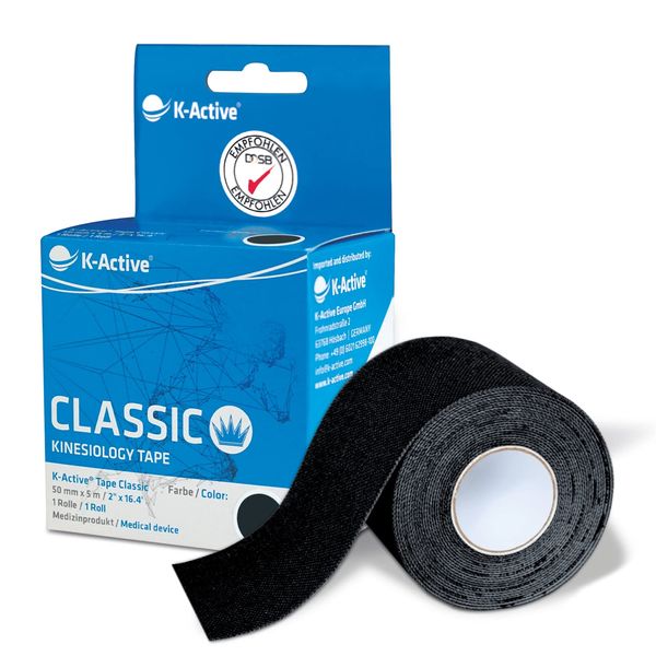 K-Active Tape Classic | Kinesiotapes super hautverträglich | wasserfest | Kinesiologie Tape für Sport & Therapie, extra langer Halt | [5cmx5m] (Schwarz)
