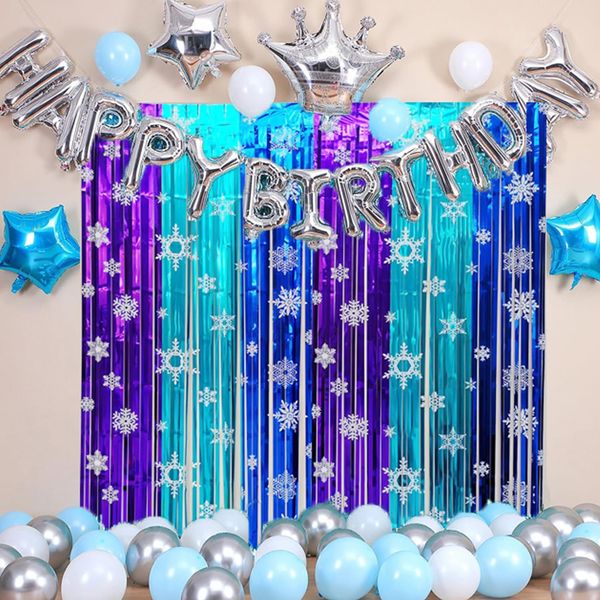 MECOLO Snowflake Party Decorations Backdrop 2 Pack Christmas Tinsel Foil Fringe Curtains Purple and Blue Party Streamer for Birthday Wedding Baby Shower Winter Wonderland Snowflake Party Supplies