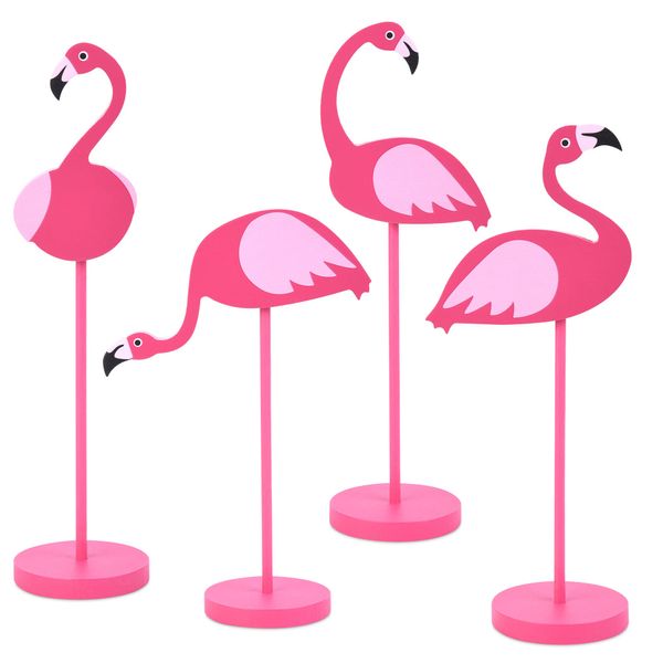 4Pcs Flamingo Wood Tall Standing Block Set Christmas Pink Flamingo Table Sign Tropical Bird Table Centerpieces Toppers for Home Office Desk Tier Tray Decor Party Supplies