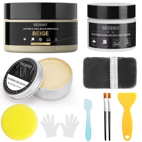 SEISSO Leather Recoloring Balm, Leather & Vinyl Repair Kit with Leather Care Oil & Leather Filler for Car Seats, Leather Shoes - Repairs Scratches and Easily Matches Any Color (Beige)