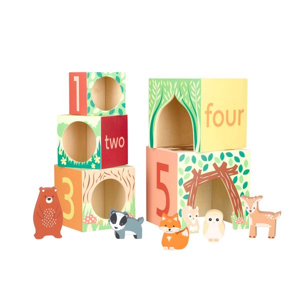 Orange Tree Toys Stacking Cubes and Woodland Animal Figurines, Wooden Toys for 1 Year Olds, Toddler - Montesorri Stacking Toys, Nesting Boxes Balancing Building Blocks, Counting with Numbers 1-5