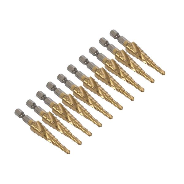 Spiral Step Drill, 0.2 - 0.5 inches (4 - 12 mm), Set of 10, Titanium Coated HSS Steel, Bamboo Shot, Spiral Drill Bit, For Stainless Steel, For Ironworking, 1.3 inches (32 mm), 1.4 inches (35 mm), Hex Shaft, 4 Blades, Blue, Oil, Aluminum, Impact Wrench, Im