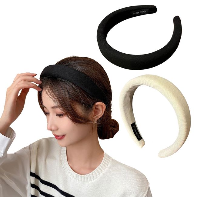 scicent Padded Headbands for Women 2 Pieces Stretchy Head Bands Hair Accessories Wide Plain Headbands, Soft Sponge Headbands Outdoor Hair Accessories for Girls, Black+White, 06