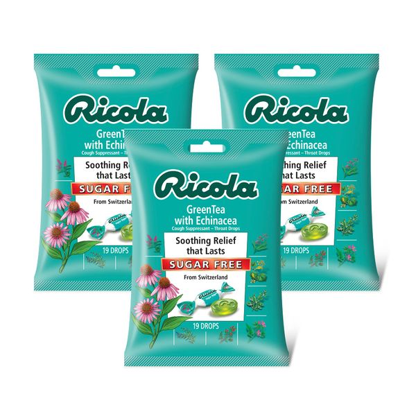 Ricola Sugar Free Green Tea with Echinacea Cough Suppressant Throat Drops 19ct Bag(Pack of 3)