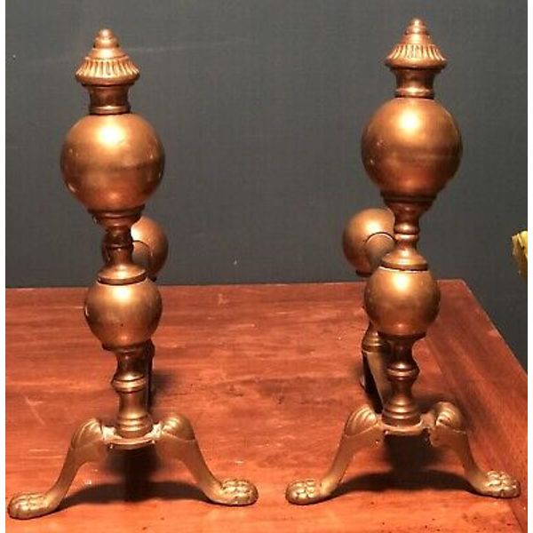 Pair Of Vintage Brass Claw Foot Cannonball Fireplace Andiron Tool Holders