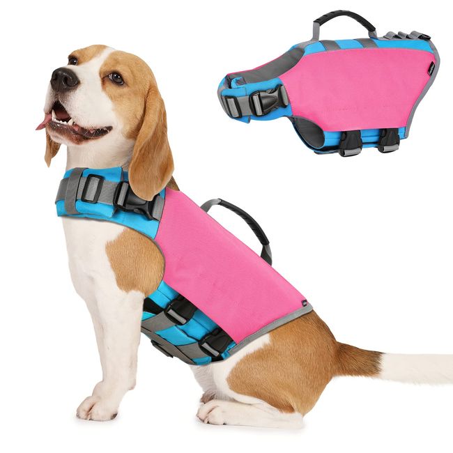 VavoPaw Hund Schwimmweste, Reflektierende Hundeschwimmweste Einstellbare Rettungsweste Ripstop Lifesaver mit Starkem Auftrieb und Rettungsgriff Hunde Schwimmhilfe zum Schwimmen, Bootfahren, M Rosa