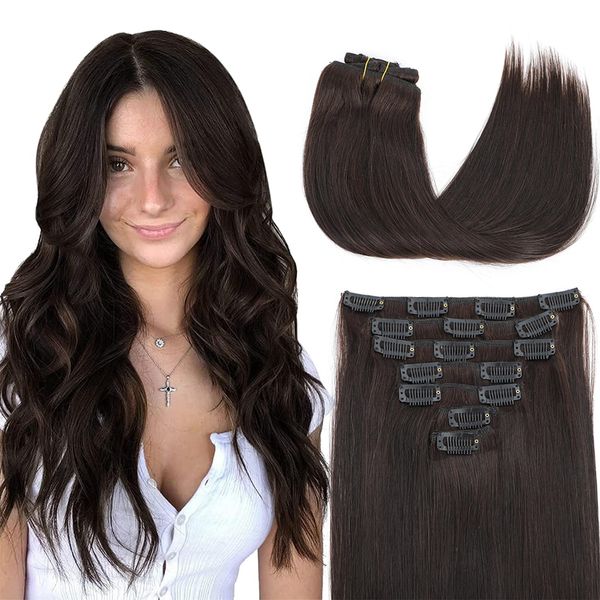 BUGUQI Clip In Hair Extensions Real Human Hair For Women 16 Inches 7 pcs 120g Darkest Brown Color Real Hair Extensions Straight Clip In Human Hair INS (16 Inch, Darkest Brown Color)