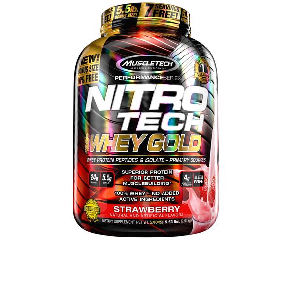 Whey Protein Powder | MuscleTech Nitro-Tech Whey Gold Protein Powder | Whey Protein Isolate Smoothie Mix | Protein Powder for Women & Men | Strawberry Protein Powder, 5 lb (69 Servings)-package varies