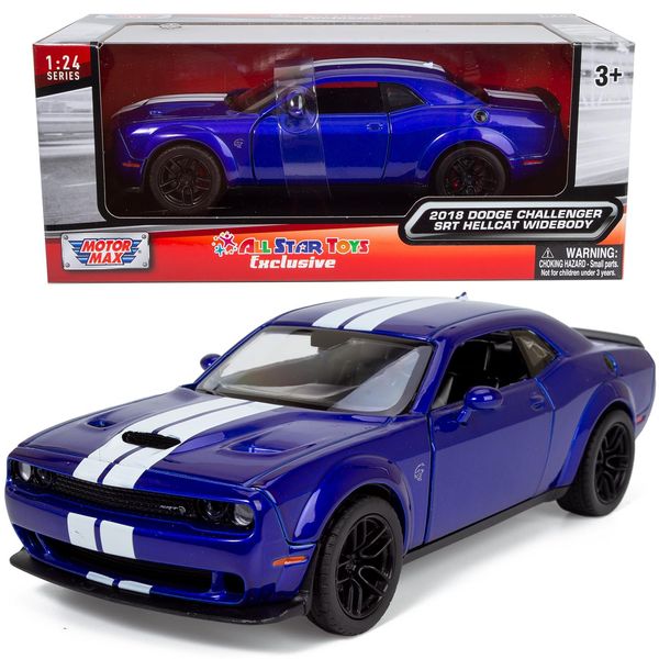 All Star Toys 2018 Dodge Challenger SRT Hellcat Widebody Indigo Blue with Racing Stripes 1/24 Diecast Model Car Motormax 79350