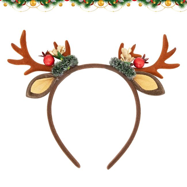 CHEERYMAGIC Christmas Headband, Christmas Reindeer Antlers Headband Floral Wreath Headdresses Hair Hoop with Ears Christmas Hair Accessories for Adults Kids Photos Booth A6-SDLFG