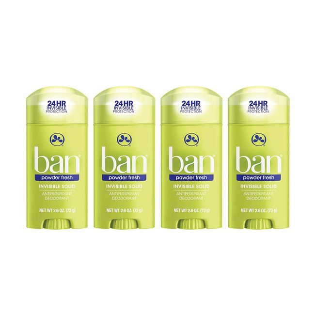 Ban Powder Fresh 24-hour Invisible Antiperspirant, 2.6oz Solid Deodorant, Underarm Wetness Protection, with Odor-fighting Ingredients (4 Pack)