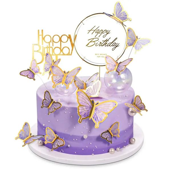 22 Stück Tortendeko Geburtstag,Schmetterlinge Deko Torte,Kuchen Deko,Cake Topper Geburtstag,Tortendeko Mädchen,Torten Deko,für Geburtstag,Hochzeit,Party,Essen Dekoration (Lila)