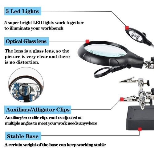 Beileshi 2.5X 7.5X 10X LED Light Helping Hands Magnifier Soldering Station,Magnifying Glass Stand with Auxiliary Clamp and Alligator Clips