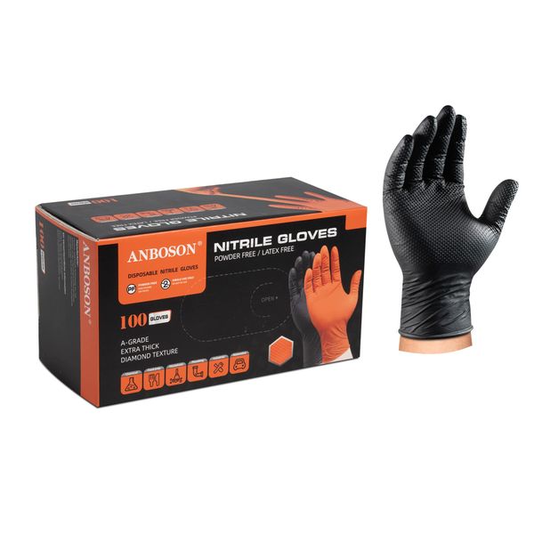 ANBOSON Disposable Nitrile Gloves,Industrial 10Mil Disposable Gloves Latex free, Powder Free,Mechanic Gloves,Diamond Texture (Black of 100, X-Large)