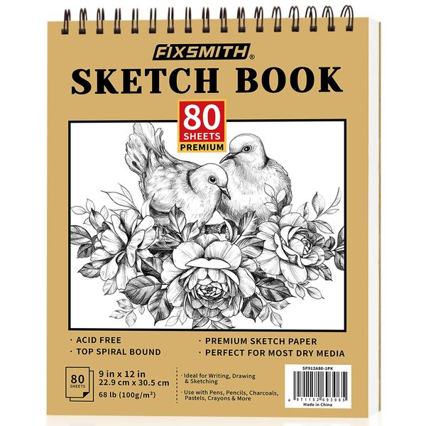 FIXSMITH 9"X12" Sketch Book | 80 Sheets (68 lb/100gsm) Sketchbook | Top Spiral Bound Artist Sketch Pad | Durable Acid Free Drawing Pad | Ideal for Kids, Beginners, Artists & Painters | Bright White