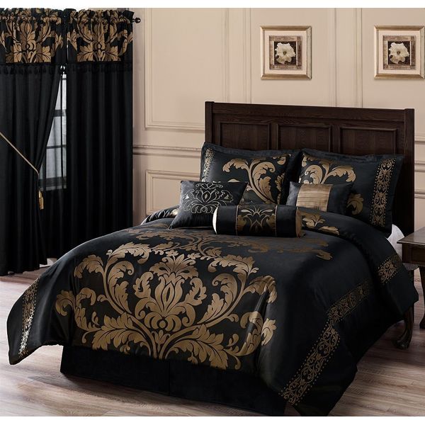 Chezmoi Collection 7-Piece Royale Jacquard Floral Comforter Set, Full/Double, Black/Gold