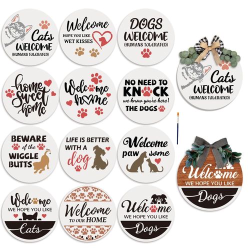 MAYJOYDIY 12pcs Dog Cat Welcome Stencils - Round Paw Print & Farmhouse Welcome Letters for Wood Sign DIY Crafts Home Decor