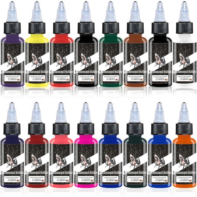 16 Flaschen DLD Portrait Tattoo Pigment Set Weltberühmte Tattoo Tinte Allzweckreine schwarze Tinte Hautsicher Permanent Tattoo Supplies Körpermalerei Kunst (15 ml pro Flasche)