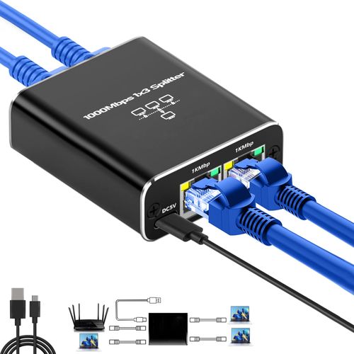 Ethernet Splitter, Gigabit Network Port Splitter 1 in 3 Out, 1 Female to 3 Female High Speed LAN Internet Adapter with USB C Charging Cable, Plug and Play for Cat5 Cat5e Cat6 Cat7 Cat8 RJ45 Cord
