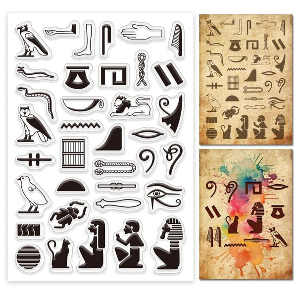 GLOBLELAND Klarer Stempel Mit Ägyptischen Hieroglyphen Und Wörtern Zur Kartengestaltung, Altägyptische Glyphen, Alphabet, Klarer Silikonstempel, Magische Runen, Transparenter Stempel