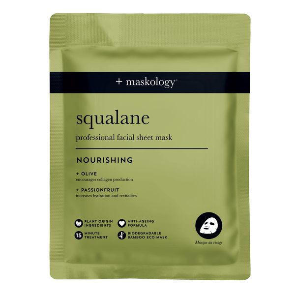 MASKOLOGY SQUALANE Professional Sheet Mask Pack of 1 | Hydrating Face Masks Skincare | Anti Aging Skin Care | Olive & Passionfruit | 100% Plant Based |