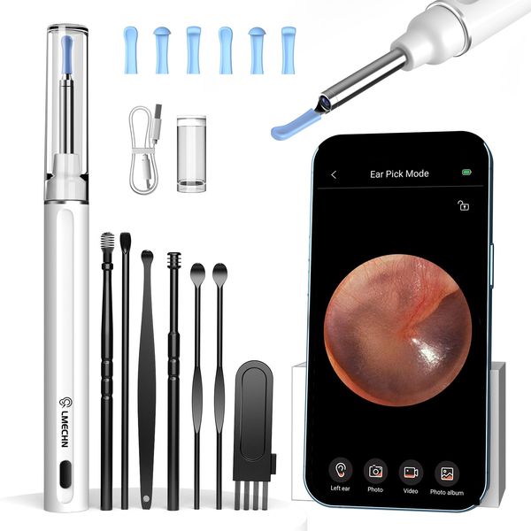 LMECHN Ear Wax Removal Kit, 1080P HD Ear Camera, WiFi Ear Cleaner with Camera, Earwax Remover with 6 LEDs, IP67 Waterproof Otoscope, Suitable for iOS, Android, Adults, Kids, Pets (White)