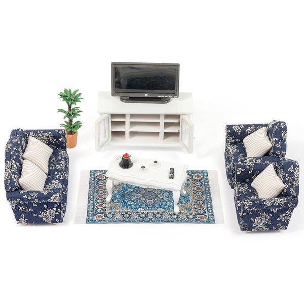 SAMCAMI Miniature Dollhouse Furniture 1 12 Scale - Wooden Dollhouse Furniture Set for Dollhouse Living Room - Doll House Furniture Incl Sofa, TV Cabinet, Coffee Table and Other Accessories (Blue)