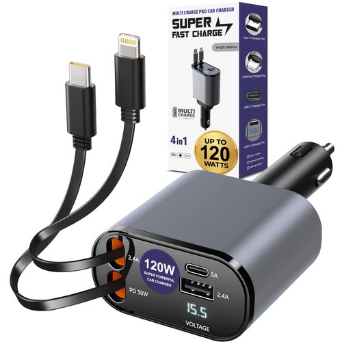 Multi Charge Pro Car Charger USB C and Lightning Car Charger Fast Charging, 120W 4-Port USB-C & USB-A and Lightning Android, Tablets High-Speed Charging Retractable Car Charger Retractable Cord