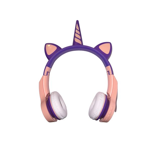 Amzberks Wireless Gaming Headset, Unicorn Ear LED Lighting Cat Ear Gaming Headset, Bluetooth 5.0, Foldable Headphones with Noise Cancelling Microphone for Adults or Children (Purple_Pink)