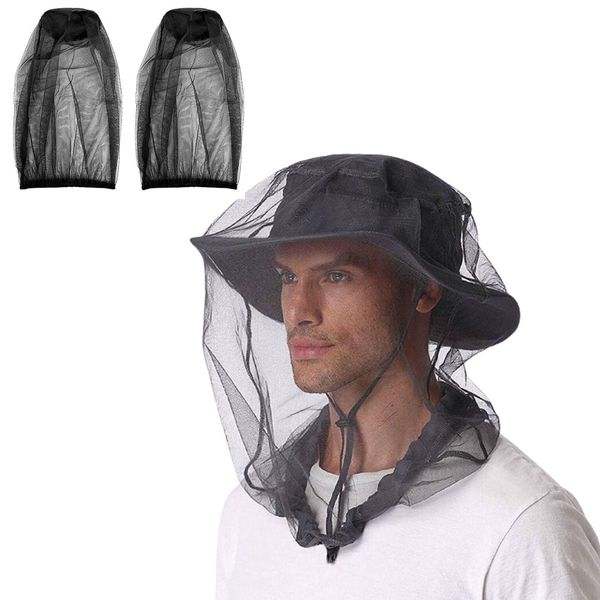 LMOGWL Mosquito Repellent Covers, 2 Black, Hat with Mosquito Net, Lightweight, Portable, for Travel, Fishing, Camping