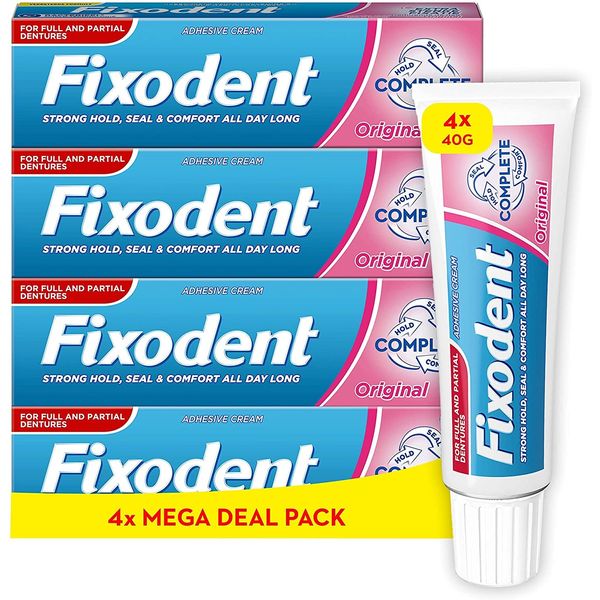 Fixodent Complete Denture Adhesives Cream, 4x40g, Saving Pack, 10X Stronger Hold vs. No Adhesive, Improved Comfort & Foodseal, Original, Mint