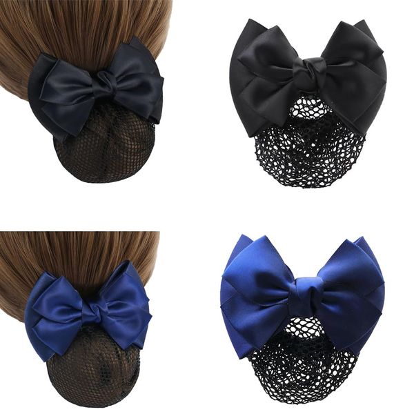 2Pcs Bowknot Hair Snood Net Barrette Bun Cover Bow Ribbon Barrette with Net Barrettes Net Snood Hairnet Bow Bowknot Decor for Women Lady (Black+Blue)